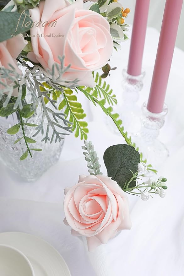 Floroom Artificial Flowers 20pcs Real Looking Blush High-Centered Foam Fake Roses with Stem for DIY Wedding Bouquets Pink Bridal Shower Centerpieces Floral Arrangements Party Tables Home Decorations