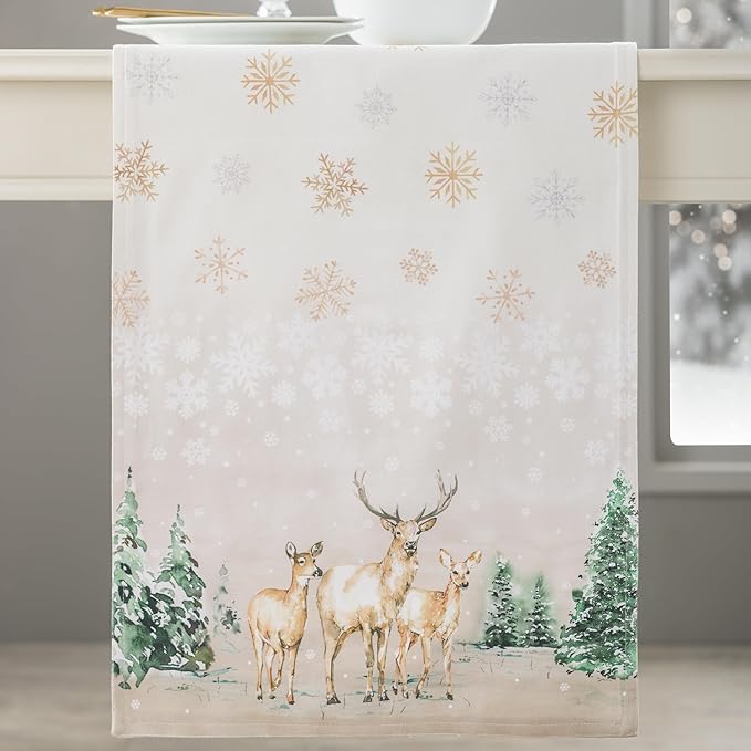 Maison d' Hermine Table Runner 100% Cotton Double Layer Table Runners 72 inches Long for Thanksgiving Christmas Decorations Home Kitchen Dining Party Wedding (Deer in The Woods, 14.5" x 72")