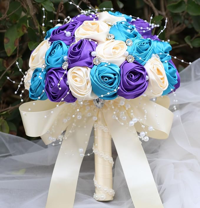 Bridal Wedding Bouquet Round Bling Brooch Bouquet Throw Toss Artificial Rose Flower Bunch for Bride Bridesmaid Wedding Quinceanera(Teal Blue, Purple & Cream, 8.7")