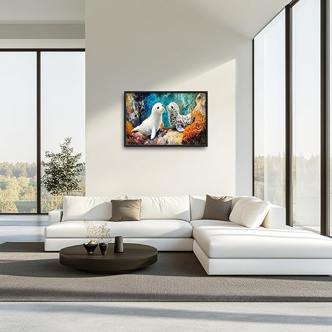 Extra Large Seal Framed Wall Art for Living Room,Oversized Underwater Animal Pictures Wall Decor,Ocean Coral Reef Canvas Print Painting Modern Artwork Bedroom Office Bathroom 36L x 24W