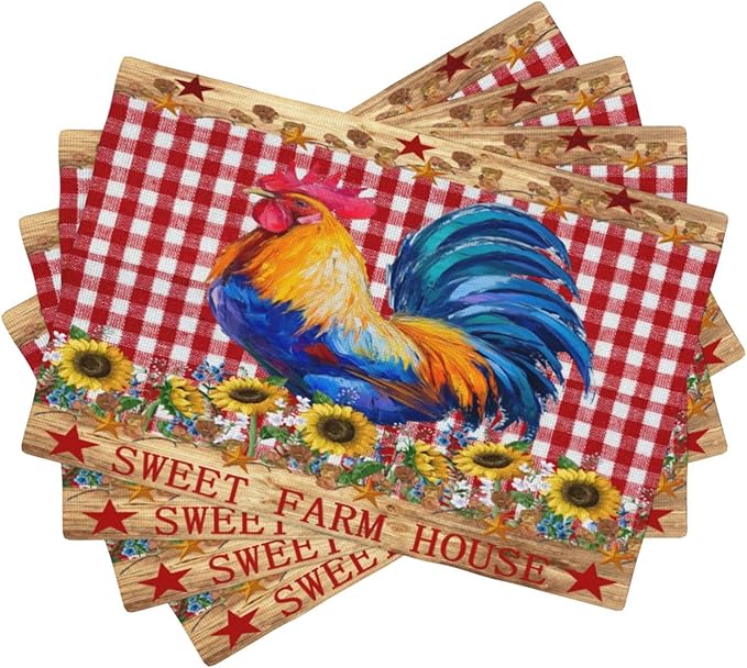Farm Rooster Placemats, Vintage Rustic Farmhouse Lattice Sunflower Flower Chicken Animal Print Washable Fabric Placemats Table Kitchen Dining Party 12x18 Inch Set of 4