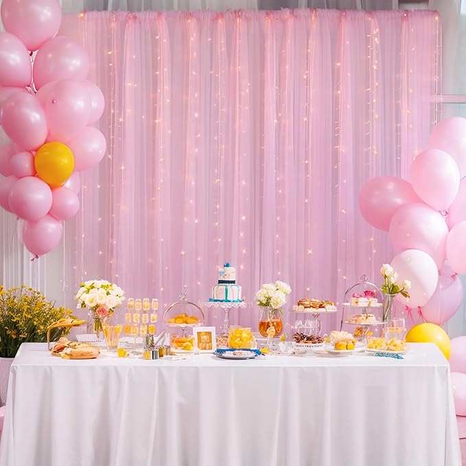 30×10ft Pink Tulle Backdrop Curtain with Lights String for Parties, Sheer Photo Backdrop Curtains for Wedding Party Photography Background