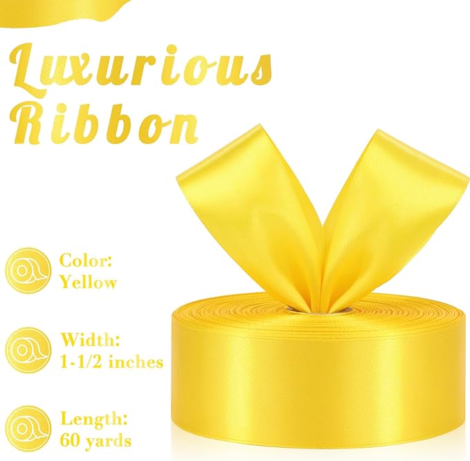 Yellow Ribbon 1-1/2 Inch, 60 Yards Yellow Satin Ribbon for Flower Bouquet, Fabric Ribbon for Gift Wrapping Crafts Halloween Wedding Christmas Birthday