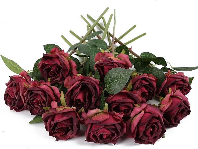 IPOPU Burgundy Roses Artificial Flowers 12PCS Roses Flowers Heads Dried Silk Flowers Burgundy Flowers Artificial for Decorations with Single Stems for Floral Arrangements Wedding Flower