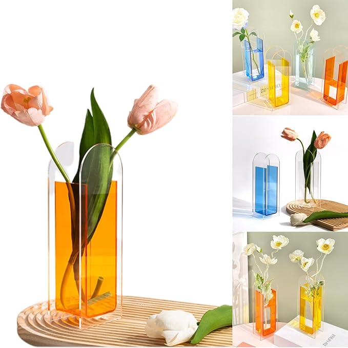 Acrylic Vase for Home Decor, Semi-Transparent Vibrant Orange Arch Centerpiece Vase, Acrylic Flower Vase for Table Decoration, Modern Minimalist Wedding or Dining Room Display (Orange)