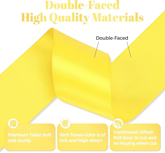 Daffodil Yellow Satin Ribbon, Double Faced 2 Inch X 50 Yards Daffodil Ribbon, Premium Satin Ribbon for Gift Wrapping, Crafts, Hair Bow Making, Sewing, Flower Bouquet, Wedding Party Decor