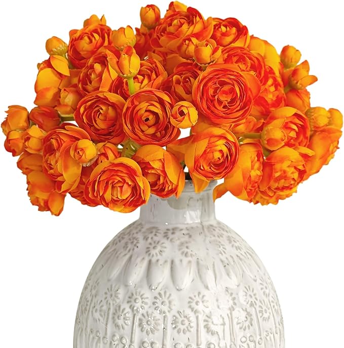 Letjolt Ranunculus Artificial Flower 18 Pcs Orange Silk Ranunculus Wedding Bouquet Engagement Centerpieces Arrangements Bridal Shower Decorations Home Decor, Orange