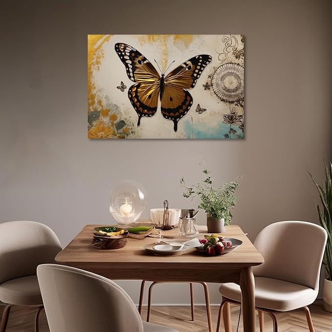 KPLUNDO Butterfly Wall Art Abstract Flower Picture Gray Gold Poster Vintage Painting Modern Artwork Home Decor for Living Room Bedroom Office Wall Decoration Ready to Hang(Art-3,20.00x30.00 inch)