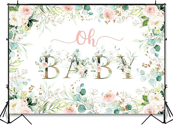 Avezano Greenery Girl Oh Baby Backdrop for Baby Shower Decoration Photography Background Blush Pink and Gold Floral Eucalyptus Greenery Leaves Baby Girl's Shower Party Photoshoot (7x5ft)