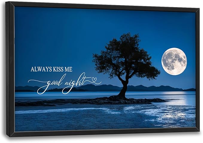 Bedroom Large Wall Art Moon Tree Landscape Pictures Wall Decor Always Kiss Me Goodnight Sign Canvas Prints blue night poster Framed Artwork Decoration above over Bed for Love Living Room 36"x24"