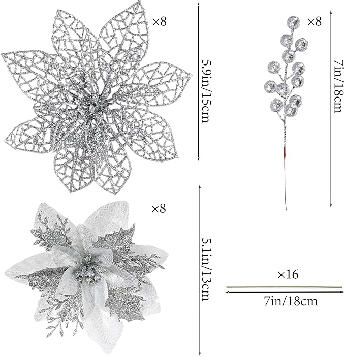 24Pcs Christmas Poinsettia Artificial Flowers and Glitter Berries Kit, 2 Styles Total 16Pcs Christmas Tree Flowers Ornaments, 8Pcs Christmas Tree Picks for Wedding Holiday Decorations, Silver
