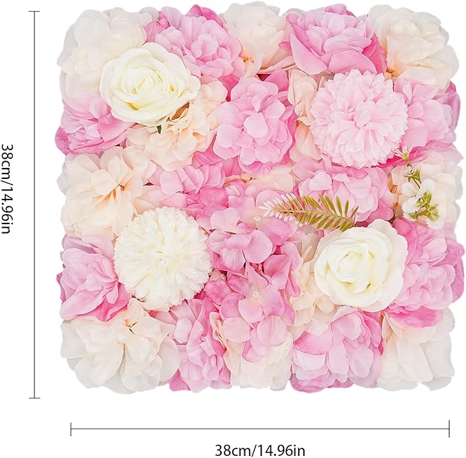 12Pcs Artificial Flower Wall Panel,3D 15" X 15" Silk Rose Mat Artificial Flower Wall,Decorative Backdrop Flower Panels Wall for Wedding Party Stage Baby Shower Decor (Pink,White)
