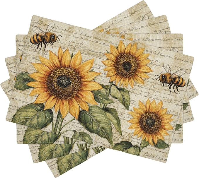Vintage Sunflower Bee Placemats Set of 4 Washable Table Mats Rustic Spring Summer Floral Heat-Resistant Cotton Linen Place Mats for Dining Table Kitchen Indoor Outdoor Party Holiday Decor