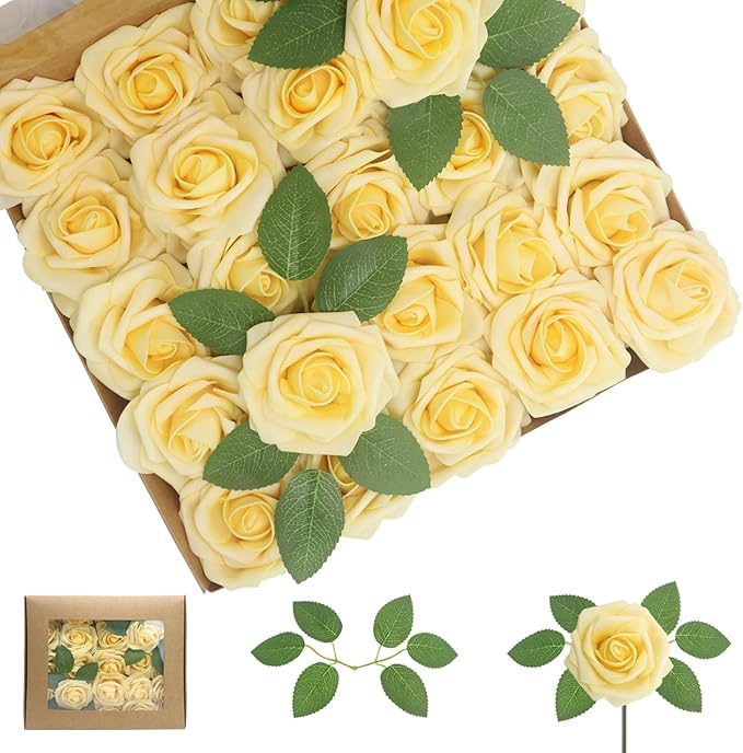100Pcs Artificial Flowers Creamy Yellow Roses Real Looking Foam Fake Roses with Leaves and for DIY Wedding Bouquets Bridal Shower Centerpieces Party Decorations (Creamy Yellow, 100)