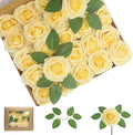 100Pcs Artificial Flowers Creamy Yellow Roses Real Looking Foam Fake Roses with Leaves and for DIY Wedding Bouquets Bridal Shower Centerpieces Party Decorations (Creamy Yellow, 100)