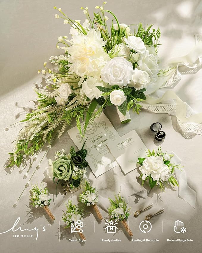 Ling's Moment Boutonniere for Men, 10pcs Groomsmen Guest Boutonniere, Artificial Flowers for Wedding Décor/Prom/Homecoming,etc.White Lily Valley