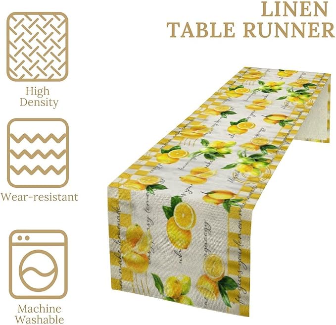 Lemon Table Runner , Summer Yellow Fruits Green Leaves Kitchen Dinning Table Decoration for Indoor Outdoor Home Party Decor 13x108 in