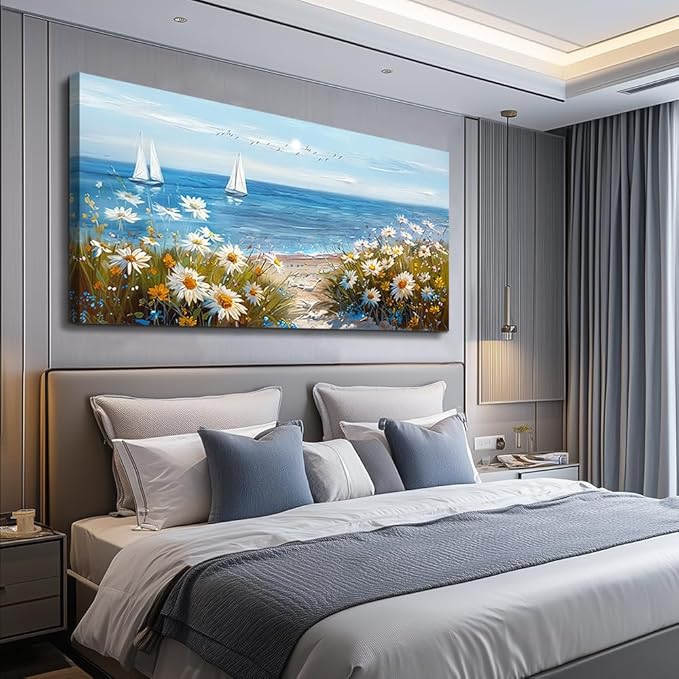 PHAOHUAXM Large Blue Ocean Landscape Canvas Printing Picture Wall Art For Living Room Farmhouse Dinin Mural White Flowers Bedroom Office Wall Decor Home Decor Painting Easy To Hang 30x60 Inches