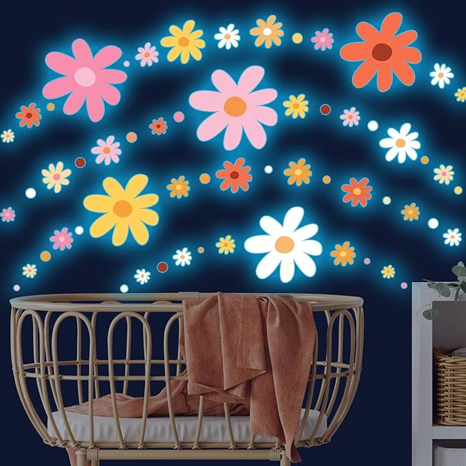 Glow in The Dark Big Daisy Wall Decals，Glowing Luminous Daisy Wall Stickers Colorful Removable self-Adhesive Flower Decals for Girls Bedroom Kids Baby Nursery Living Room Decoration