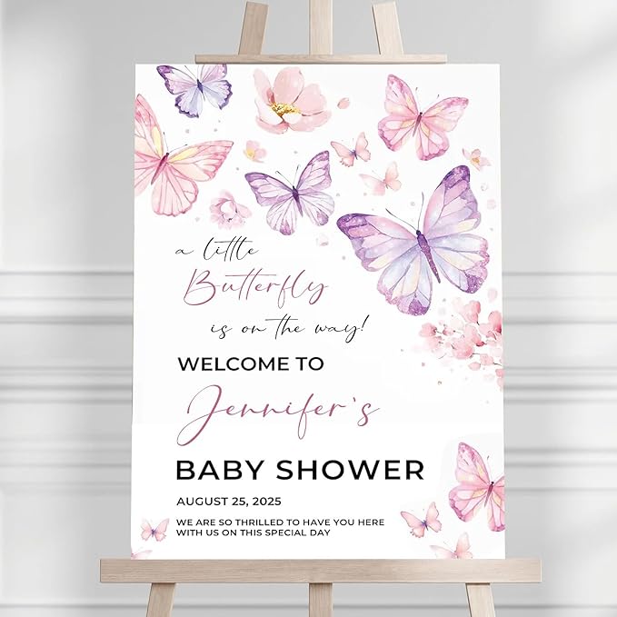 Personalized Baby Shower Welcome Sign With Stand, Baby Shower Yard Sign Template, Forest Animal Yard Sign Decorations For Girl, A Little Butterfly For Girl Welcome Sign