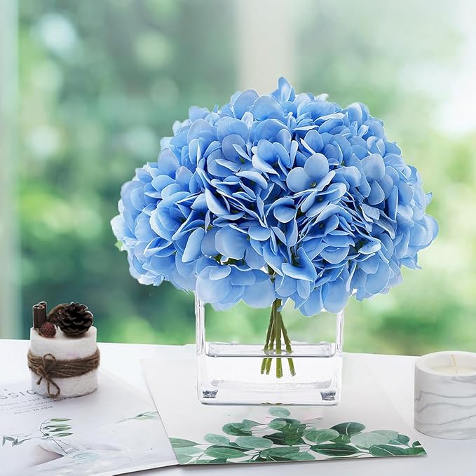 Blue Hydrangea Flowers in Vase, Silk Flowers in Vase with Faux Water for Home Decor Indoor, Wedding Table (Blue)