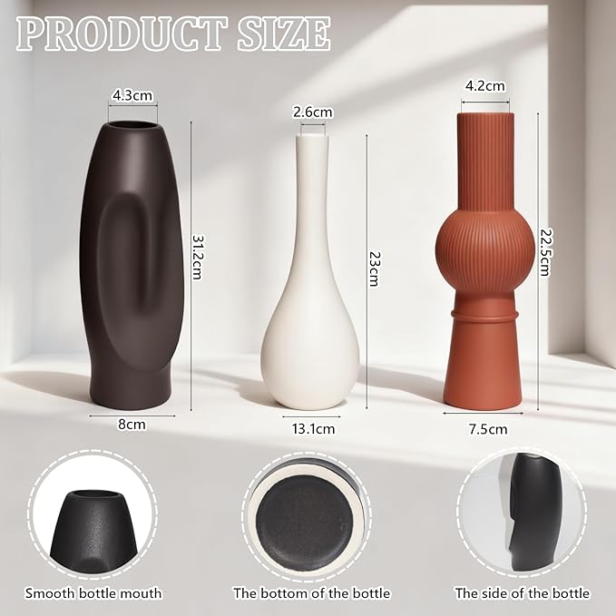 Modern Ceramic Vase Set of 3 with Creative Easter Island Moai Abstract and Grooved/Teardrop Design, Perfect for Pampas Grass, Fall Decor, Boho and Farmhouse Home Living Room Decor
