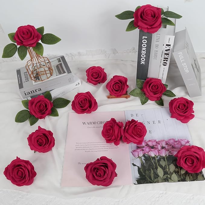 20pcs Red Roses Artificial Flowers 3.15'' Big Fake Roses Silk Flowers Bulk Realistic Faux Roses with Stems for DIY Wedding Centerpieces Table Home Party Decor Bridal Floral Arrangements (Red)