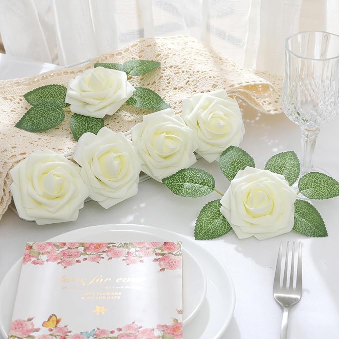 DerBlue 60pcs Artificial Roses Flowers Real Looking Fake Roses Artificial Foam Roses Decoration DIY for Wedding,Arrangements Party Home Decorations