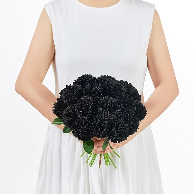 SITUMEIZI 12 Pcs Black Artificial Chrysanthemums Flowers Ball Flower Fake Mums Silk for Halloween Thanksgiving Day Fall Wedding Home Decoration Floral Arrangement