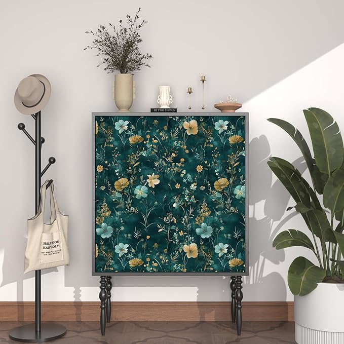 Teal/Blue/Yellow Floral Peel and Stick Wallpaper Boho Wallpaper 17.5"x118" Vintage Wildflowers Contact Paper Waterproof Self Adhesive Modern Stick on Wall Paper for Bedroom Walls Table Cabinet