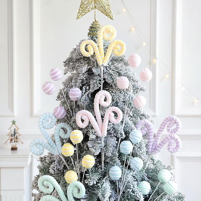 5Pcs/Set Macaron Color Christmas Tree Picks Pastel Candy Shape Christmas Tree Topper 14.5” Christmas Curly Picks with Gitter Sequins Ornaments for Home Xmas Tree Vase Garland Holiday Party Decor