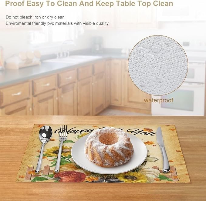 Autumn Scarecrow Placemats Farmhouse Rustic Vintage Brown Sunflower Pumpkin Flower Maple Thanksgiving Placemats Table Kitchen Dining Party 12x18 Inch Set of 4