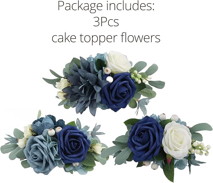 Rinlong 3Pcs Pre-made Cake Toppers Navy Blue Flowers Cake Decorations Wedding Cake Decorating Flowers Decor Birthday Baptism Party Cake Toppers