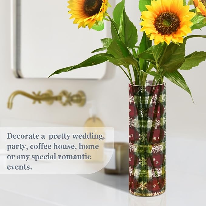 xmyzcd Red and Green Square Snowflakes Vase Cylinder Vases Clear Plastic Flower Vase Easy to Clean for Centerpieces Homes Offices Kitchens