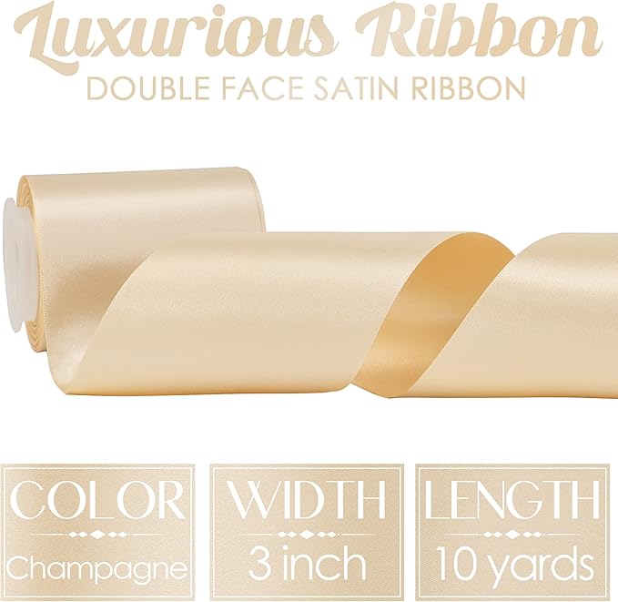 MEEDEE Champagne Satin 3 Inch Ribbon Lux Double Faced Satin Ribbon by 10 Yards Champagne Gold Ribbons Christmas Ribbons for Christmas Tree, Weddings, Flower Bouquet