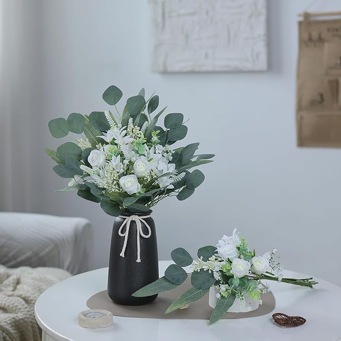 VIERENA Artificial Greenery Stems Box Set(Pack of 75pcs) with 8 Kinds of Faux Plants and Fake Flowers for DIY Wedding Bouquet Table Centerpieces and Floral Arrangement (White&Green)