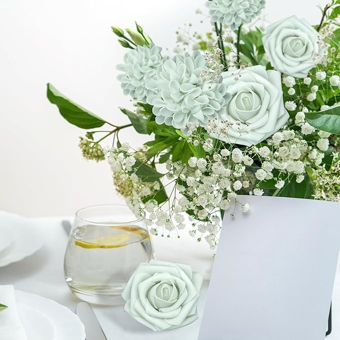 Artificial Flowers, 25pcs Artificial Rose for DIY Wedding Bouquets Centerpieces Arrangements, Light Green Rose Flowers with Stem for Bridal Shower Party Home Decorations