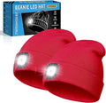 Christmas Stocking Stuffers for Men Adults, Beanie Hats with Light, USB Rechargeable LED Hand Free Headlamp, Birthday Gifts for Men, Women, and Teens, Ideal for Camping, Hiking, 2 Pack, Red
