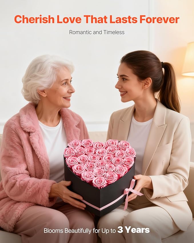 VEVOR Forever Flowers, 27 Preserved Roses in a Heart Shape Box, Eternal Flowers Immortal Bouquet Birthday Present for Women Her Wife Mothers, Anniversary, Valentine's Day,Christmas, Pink
