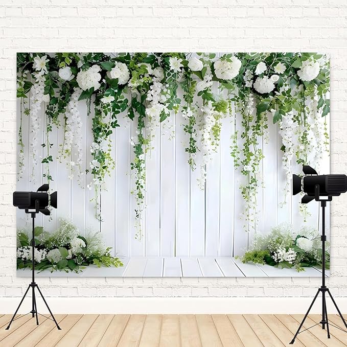 10x6.5ft White Flower Backdrop Green Leaves Wedding Bridal Shower Photography Background Floral Rustic Wood Wall Birthday Party Banner Decorations Reception Ceremony Portrait Photo Booth Prop