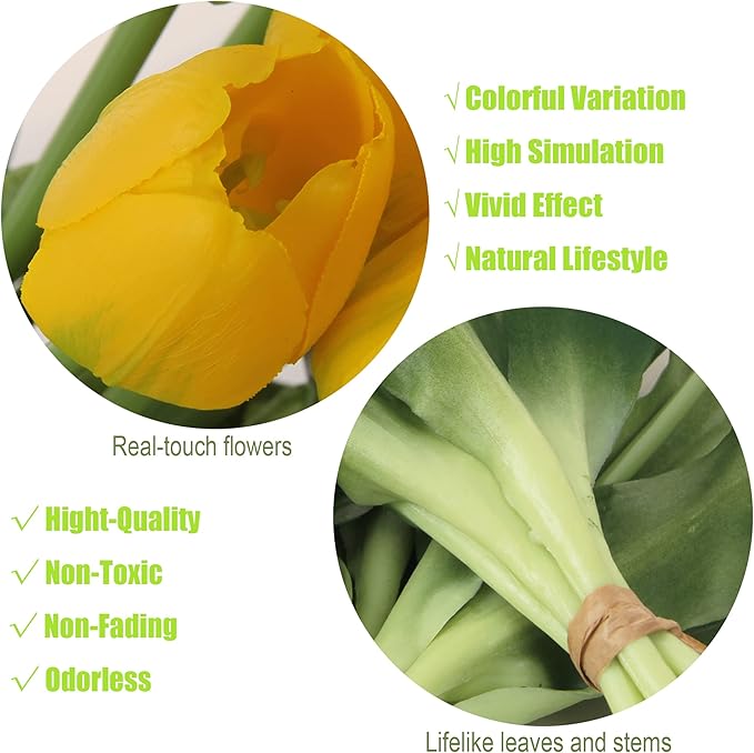 20pcs Artificial Tulip Flowers,16 Inch Real Touch Tulip Stems with Faux Leaves, Faux Tulips and Buds for Home Décor Centerpiece Ornament Wedding Bouquet,Yellow