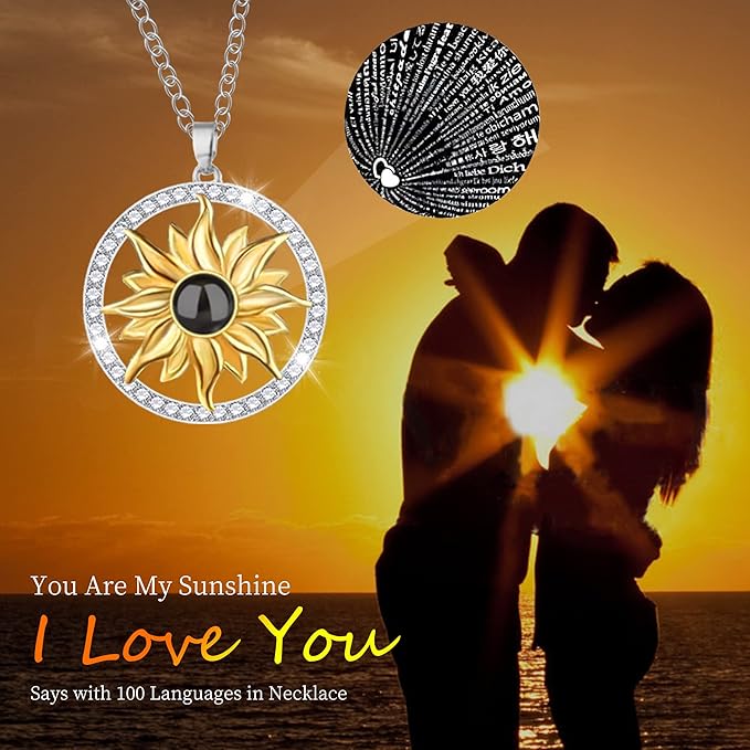 Sunflower Gifts for Women Artificial Sunflowers Gift for Her Mom Wife with Necklace in 100 Texts I Love You on Mother's Day Birthday Sunflower Decor