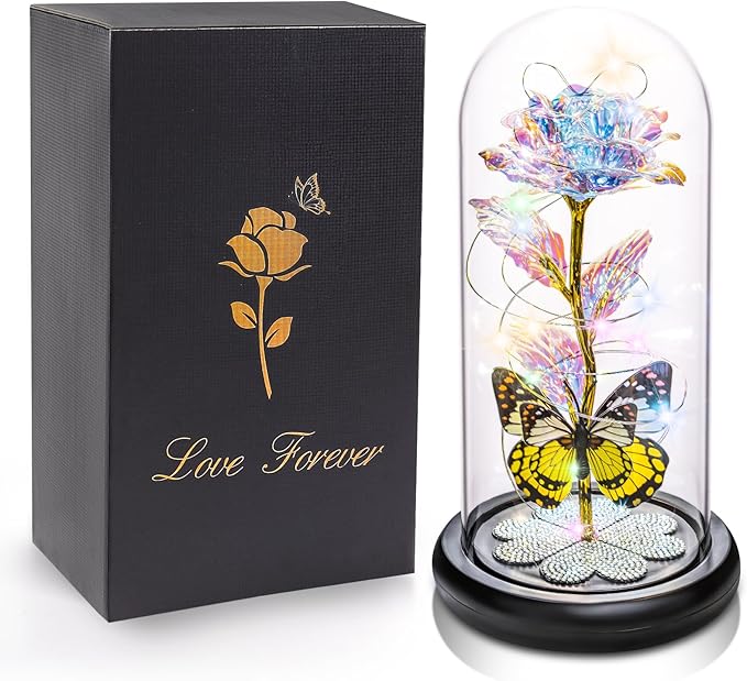 Christmas Rose Gifts for Women, Womens Gift for Christmas Birthday Gift Galaxy Glass Rose Forever Eternal Crystal Flower Light Up Roses in Glass Dome Butterfly Xmas Gifts for Mom Grandma Wife Colorful