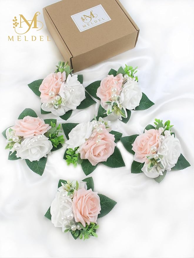 Meldel Pink&White Boutonniere for Men Wedding, Set of 6,Elegant Pearls Rose Boutonniere for Groom Groomsman Prom,Homecoming,Anniversary,Party,Prom Flowers and Vintage Wedding