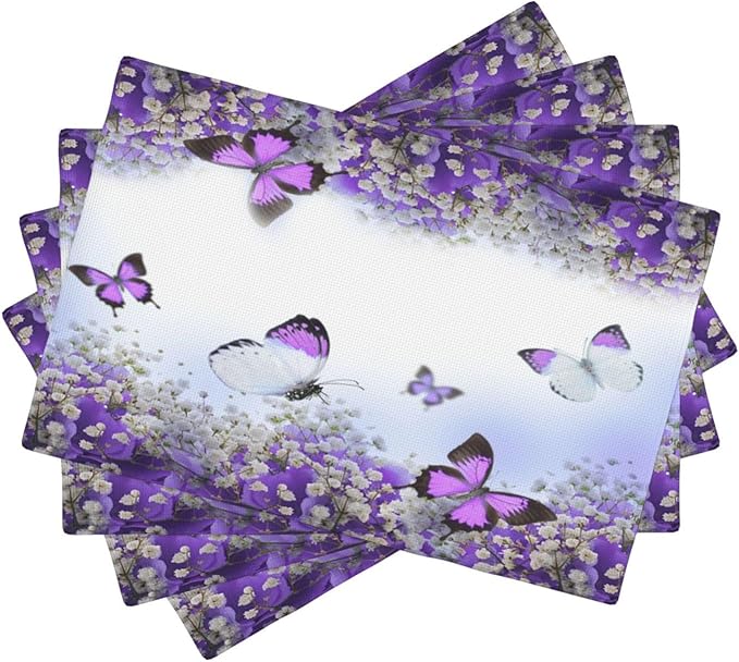 Purple Butterfly Flowers Placemats Set of 4,Spring Summer Flower Place Mats Washable for Kitchen Dining Table Heat Resistant Decorative Colth Table Mats 4 PCS, Style-1