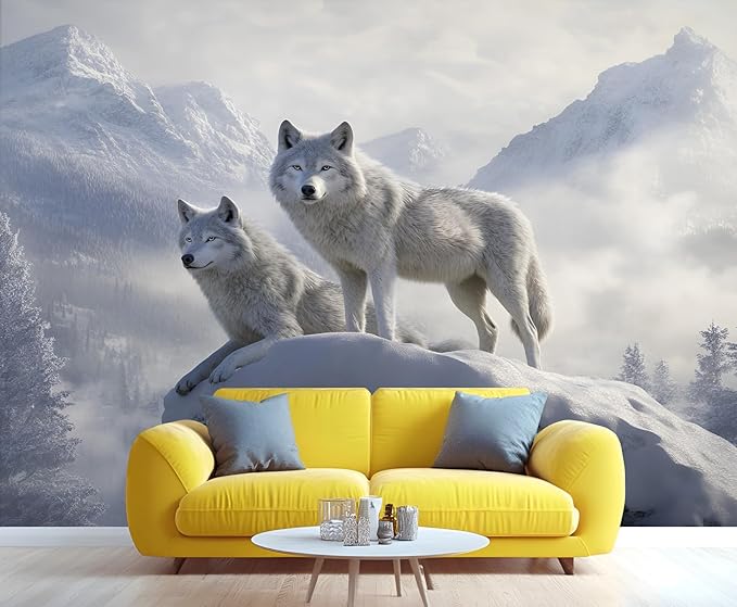 Arctic Wolves Wall Mural, Snow Wolves in Mountain 3D Wall Murals, Winter Wild Animal Wallpaper Mural, for Living Room Bedroom Large Wallpaper Indoor Decor 98.4" W x68.9 H