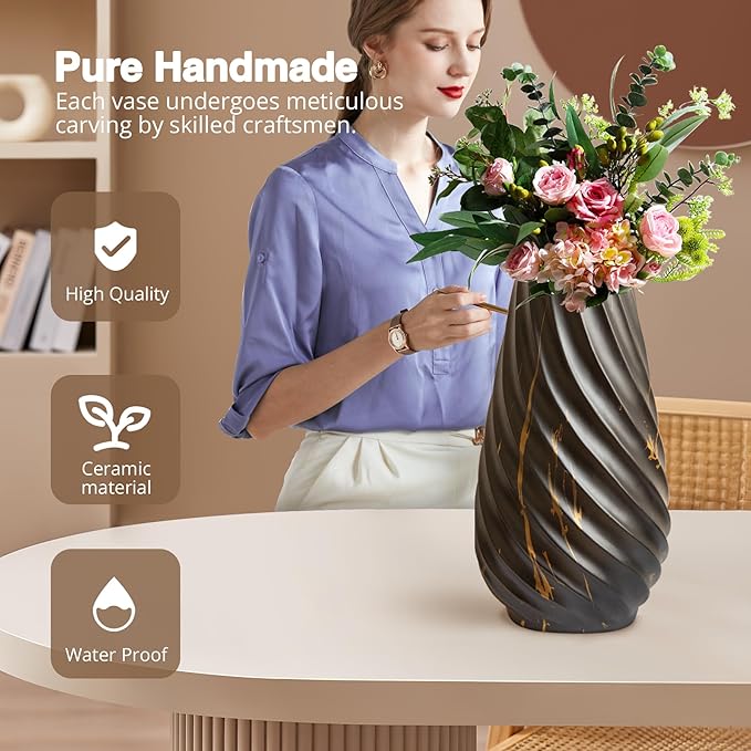 10 inch Tall Ribbed Ceramic Vase for Flowers,Boho Vases for Pampas Grass,Fluted vase,Simple Modern Decorative Vase for Home Decor Table Centerpieces (Black,Gold Marble)