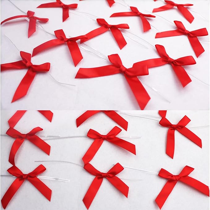 50 Pack 3" Red Ribbon Twist Tie Bows, Pre Tied Bows for Gifts, Bow Ties for Bags, Twist Bows for Treats, Bow Twist Ties, Ribbon Bows with Twist Ties, Pretied Bows for Lollipops, Cake Pops