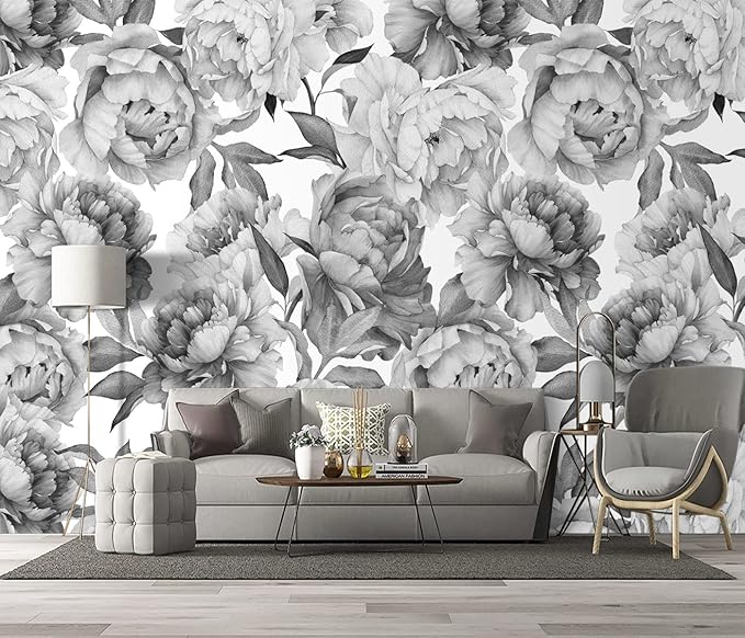 Grey Peony Floral Wallpaper Bedroom Black and White Botanical Flowers Leaf murals Aesthetic Room Decor Living Room tv Background Large Wall Mural - 183"x120" Not Peel and Stick