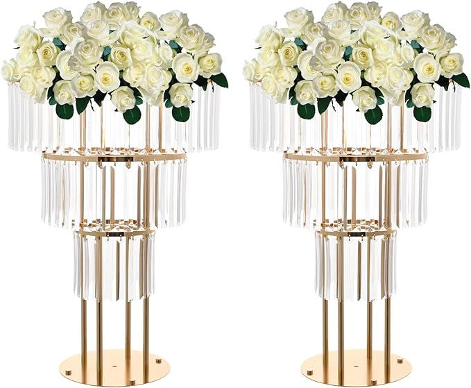 2PCS 3 Tiers Wedding Centerpieces Vase, 28.34” Tall Crystal Wedding Flower Stand, Round Chandelier Pedestal Stand for Wedding Road Lead T Stage Arrangement Decoration